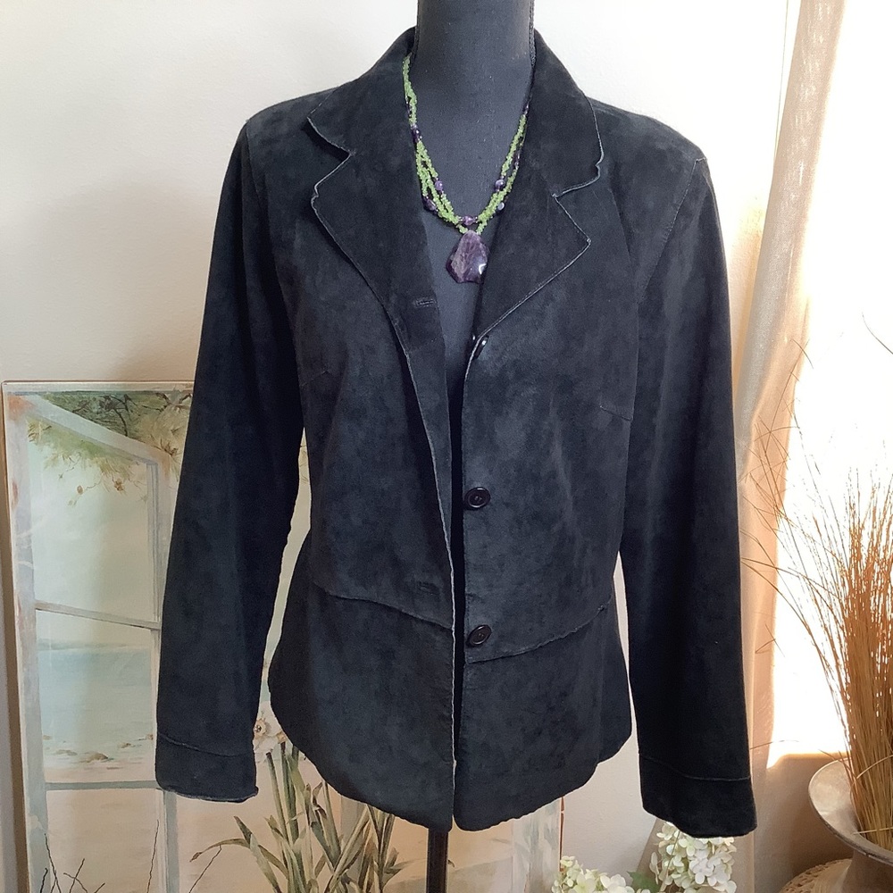 Brandon Thomas black suede jacket, 3 button closure, lined, size large